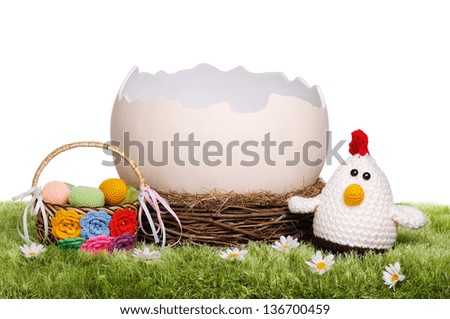 Easter photo  posing prop egg shell in nest on grass rug with knitted toys