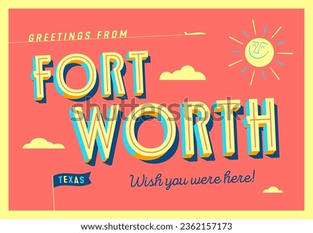 Greetings from Fort Worth, Texas, USA - The Alamo city - Wish you were here! - Touristic Postcard. Vector EPS10.