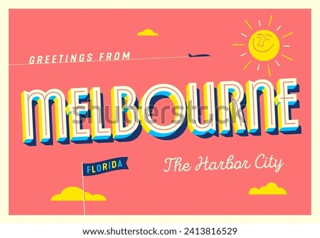 Greetings from Melbourne, Florida, USA - The Harbor City - Touristic Postcard. Vector Illustration.	