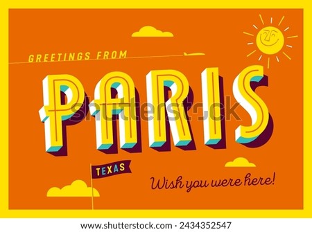 Greetings from Paris, Texas, USA - Wish you were here! - Touristic Postcard. Vector EPS10.