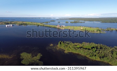 landscape with Onega lake and Kizhi island in Karelia - aerial view