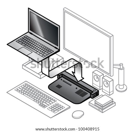 Diagram of laptop attaching onto a dock. With line drawings of peripherals connected to the dock.