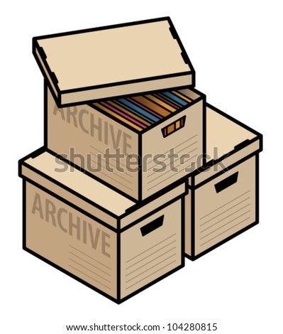 A stack of plain cardboard archive boxes, one with lid half off and showing multicolor folders/files.