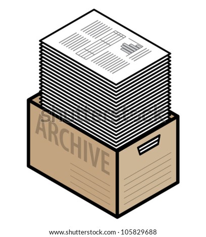 A plain cardboard archive box with a tall stack of paper.