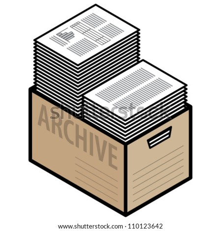 A plain cardboard archive box with two tall stacks of paper.