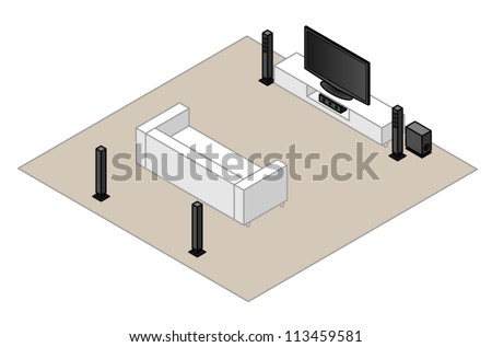 A 5.1 home theatre setup. With a subwoofer, centre speaker,2 front speakers and 2 back speakers.