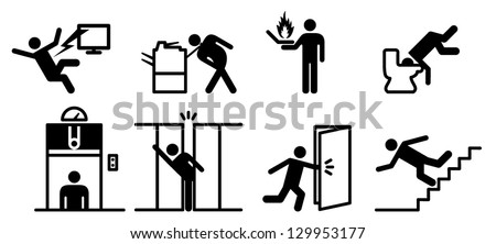 People icons: a variety of common accidents involving office equipment and fixtures. Electrocution, items caught in equipment, fire, stuck elevator, compactus crush, etc.