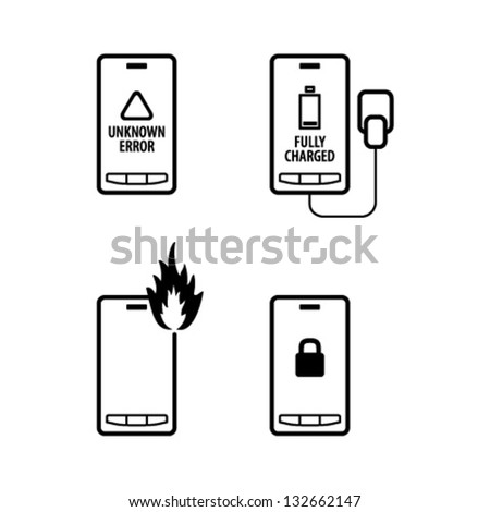 Pictograms / icons of mobile phone damage: unknown software error, battery not charging, overheating / burns, and lost password/PIN.