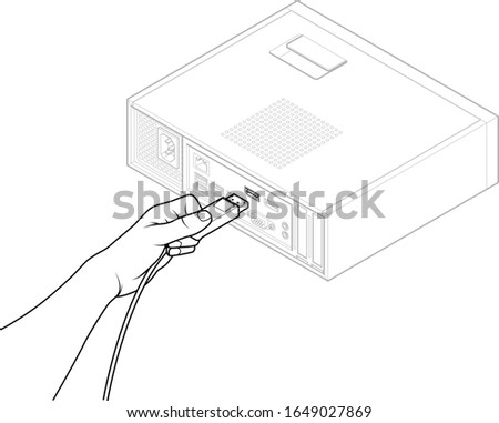 Hand servicing IT equipment: plugging in a DisplayPort DP connector.