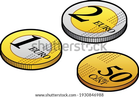 A group of stylised Euro EUR coins. 1 Euro, 2 Euros and 50 cents.