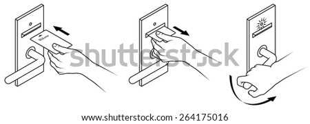 Electronic keycard door opening instructions diagram. Insert and remove card front slot.
