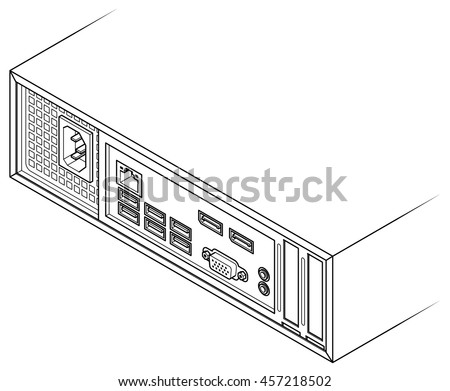 Back of a small form factor SFF desktop PC showing a variety of connector ports.  USB, ethernet, sound in, headphones, VGA, two DisplayPort, and two low profile slots.