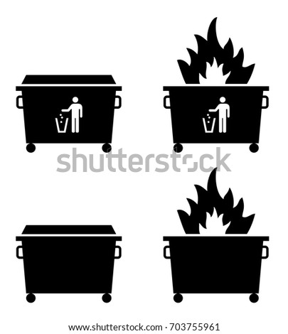 Trash/rubbish dumpster icons with fire. Dumpster fire concept. 