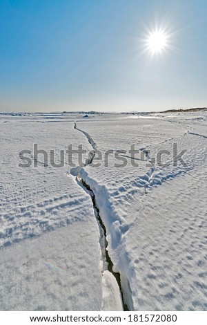 Pack ice on the coast of the Okhotsk sea, Sakhalin island, Russia.