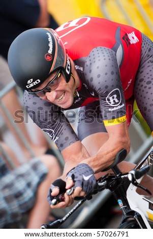 ROTTERDAM, THE NETHERLANDS - JULY 3 : Tour de France - annual bicycle race. Lance Armstrong during the first day of competition - prologue race on the city streets on July 3, 2010 in Rotterdam