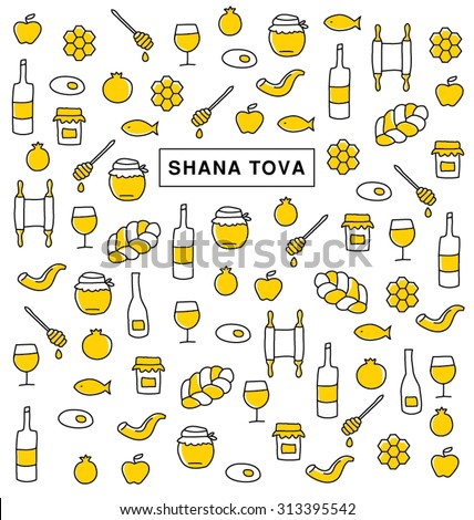 SHANA TOVA. Collection of icons and symbols for Rosh Hashanah, Jewish New Year. Vector greeting card.  Elements  pattern.