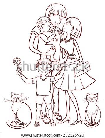 Happy family with two children and two cats.