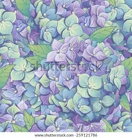 Wallpaper of flowers hydrangeas with leafs.   Vector illustration.