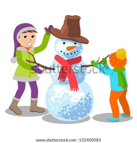 Vector Illustration, Cute Kids Making A Snowman, Cartoon Style Pattern ...