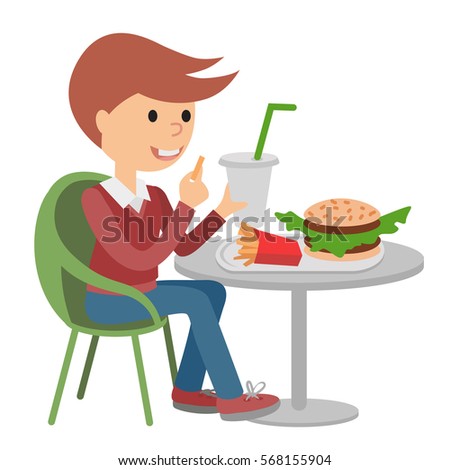 Boy eating fast food. Vector illustration of a child with fries and sandwich sitting at table.