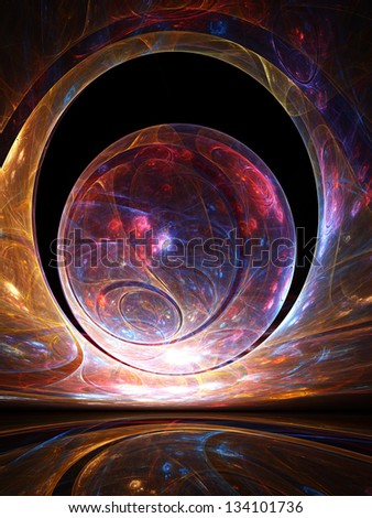 Abstract orb of intricate glowing shapes, framed by a giant arch against a black sky