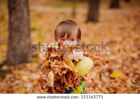 beautiful boy, 3 years old, throws leaves in the autumn park