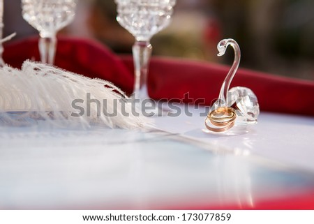 wedding rings newlyweds on the table before the wedding ceremony, closeup