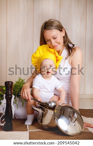 beautiful mom and son in the kitchen