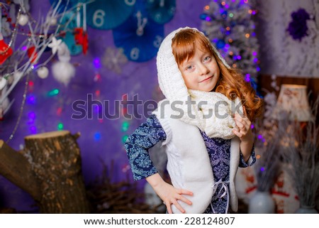 little girl at home for Christmas, decorations, illuminations