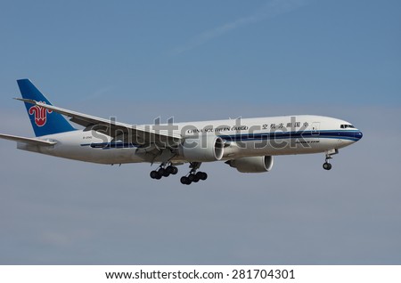 LOS ANGELES, CA, USA - MAY 25 - \'China Southern Cargo\' Boeing 777F (Reg B-2042) arriving at the Los Angeles International Airport (LAX) is shown on May 25, 2015 in Los Angeles, California, USA.