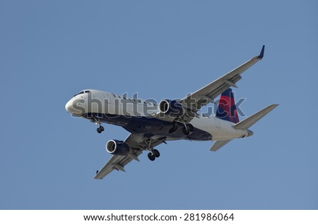 LOS ANGELES, CA, USA - MAY 25 - Delta Connection (Embraer 170-200LR, reg N639CZ) arriving at the Los Angeles International Airport (LAX) is shown on May 25, 2015 in Los Angeles, California, USA.
