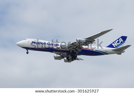 LOS ANGELES, CA, USA - MAY 25: Nippon Cargo Airlines Boeing 747-8F (registration JA13KZ) is shown arriving at the Los Angeles International Airport (LAX).