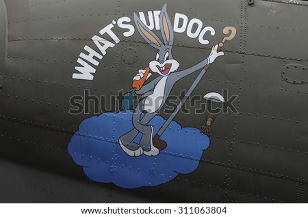 CHINO/CALIFORNIA - MAY 3  2015 -  nose art on Douglas C-47 Skytrain \'What\'s Up Doc\' shown at the \'Planes of Fame\' airshow.