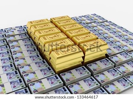 3D gold bar with gold word printed in Arabic and United Arab of Emirates money on isolated white background