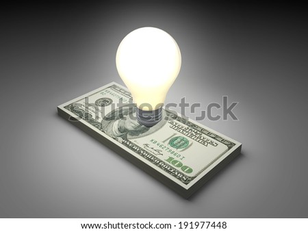 New ideas, 3D lightbulb with piles of Dollar money isolated