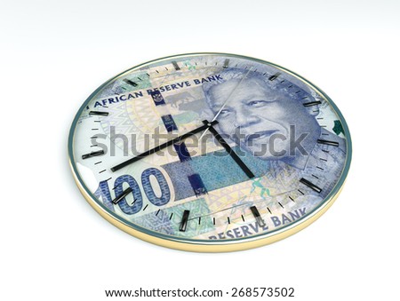 3d clock with south africa currency printer inside it isolated on white background