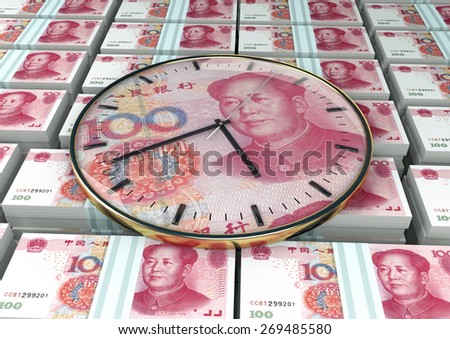 3D clock on piles and stack of China money