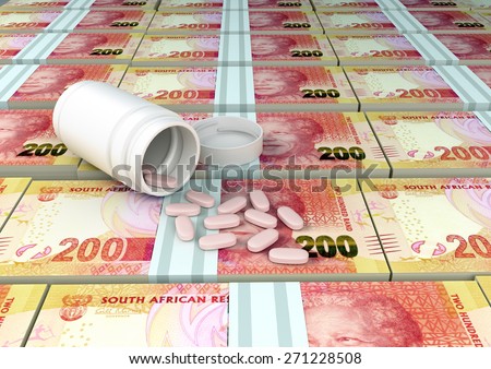 close up of 3D medicine, tablets pills on top of south Africa money