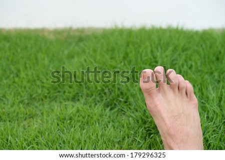 Single foot on the right of green grass