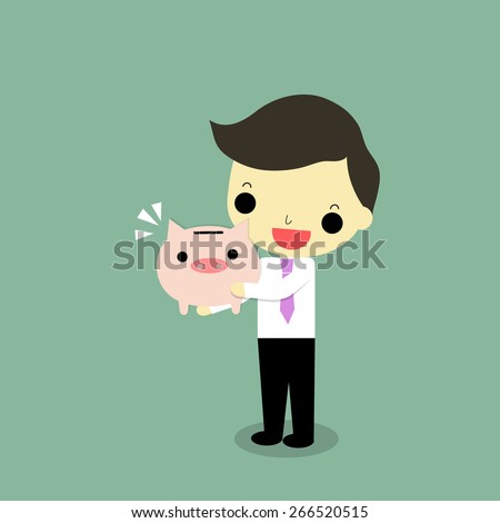 businessman hug full piggy bank with happy emotion on green background.