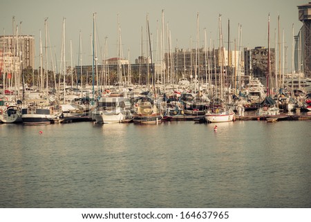 view of Marina Port Vell in Barcelona. Catalonia, Spain. Vintage retro style