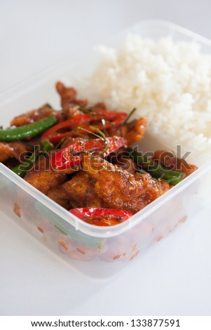 Thai take away food, stir fried chicken with rice