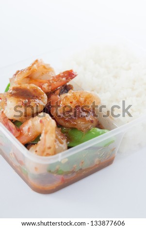 Thai take away food, stir fried prawn with rice