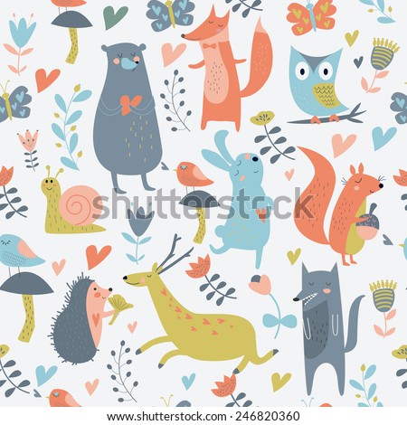 Cute seamless background with forest animals, birds and flowers in cartoon style