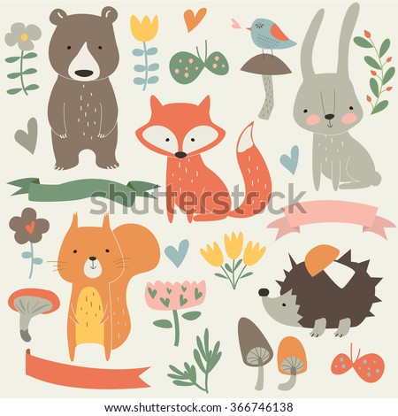 Set Of Forest Animals In Cartoon Style. Cute Hedgehog, Birds, Bear, Fox ...