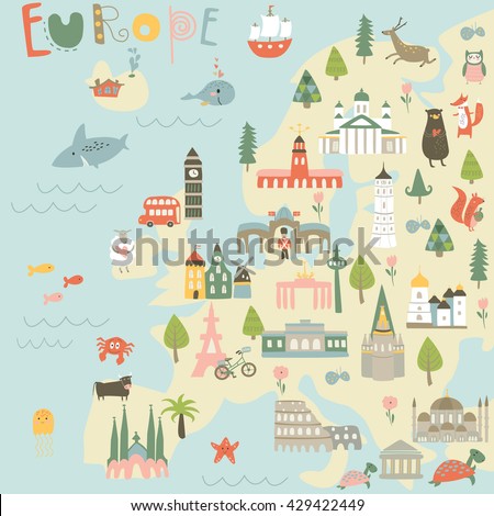 Vector map of Europe with sights, animals, trees and flowers in cartoon style