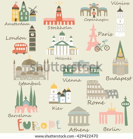 Vector illustrations of Europe sights in cartoon style