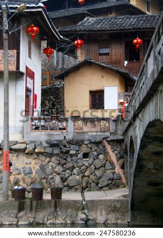 FUJIAN PROVINCE, CHINA - OCT 23, 2009: Ancient Taxia village (built in 1426, Ming Dynasty). It's also known as Longeval Village with many inhabitants who older than 80 years