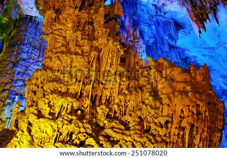 Amazing multicolor Reed Flute cave in Guilin, Guangxi province of China