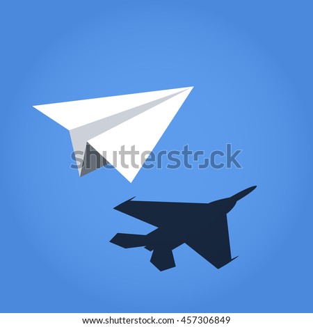 paper plane vector casting shadow jet fighter, concept vector illustration